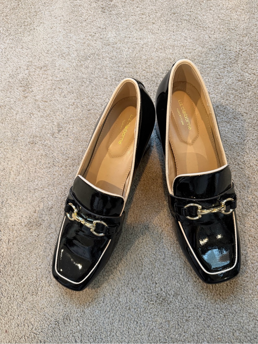 Liz Claiborne Black Patent Loafers with Gold Bit Trim